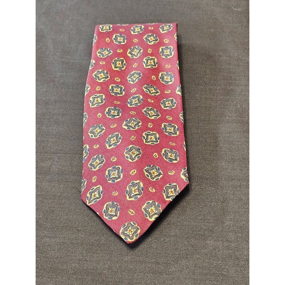 Vintage Parklane Mens Burgundy Silk Tie With Blue & Gold Geometric Pattern